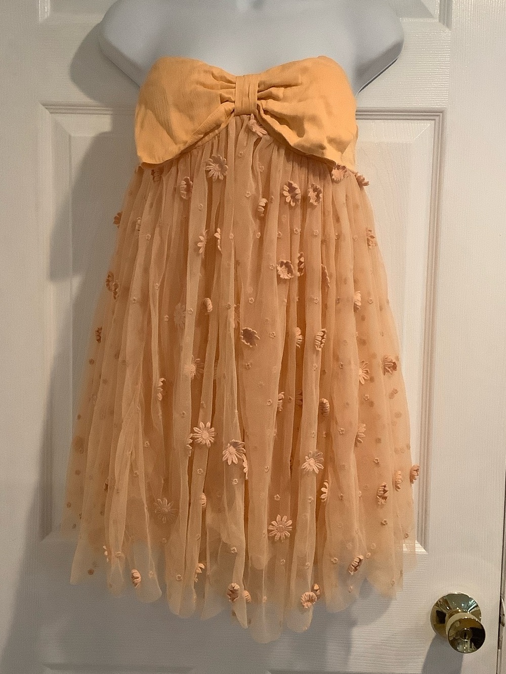 FREE PEOPLE Peach Cottagecore Twee Layered Overlay Floral Appliqué Mini Dress S